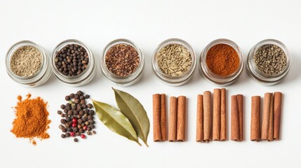 Fototapete - Brightly colored spices are arranged in small jars alongside bay leaves and cinnamon sticks on a clean white backdrop, ideal for text. Generative AI