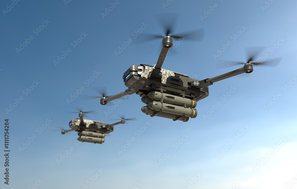 Military drones fly and fire missiles in a war zone, Future war with ...
