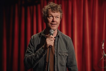 Wall Mural - a male stand-up comedian with curly hair and a denim shirt stands on a stage with a red curtain and jokes into a microphone