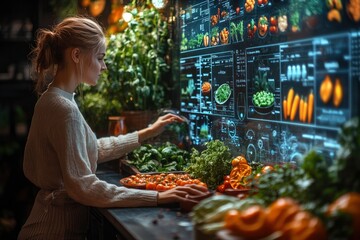 Sticker - A woman interacts with a digital display while preparing fresh vegetables in a modern kitchen.