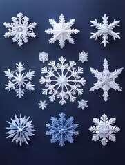 Aufkleber - Intricate handcrafted paper snowflakes are arranged creatively on a dark blue background, offering space for custom text or decorations. Generative AI