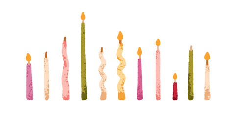 Festive candles set. Birthday party decoration in modern style. Taper, spiral, curved stick designs. Decorative holiday accessories, lit decor. Flat vector illustration isolated on white background