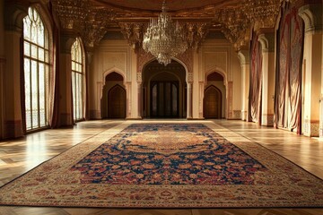 Poster - Ornate hall, large rug, chandelier, arched doorways.