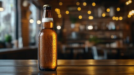 Wall Mural - A bottle of beer on a bar counter in a pub.