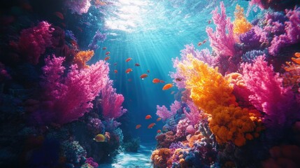 Poster - Coral reefs bathed in soft sunlight from above, creating a kaleidoscope of colors under the sea