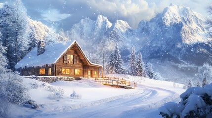 Poster - A cozy cabin with warm lights in the windows sits on a snowy hillside in a mountain range with falling snow.