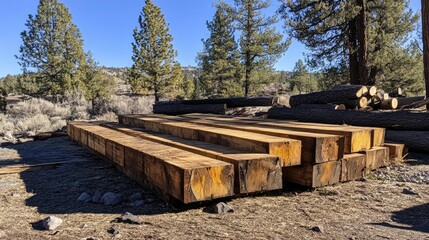 Sticker - Freshly cut square lumber beams stacked to dry in the sun, with logs and trees visible in the background