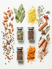 Fototapete - Colorful spices arranged in jars alongside bay leaves and cinnamon sticks create an aromatic display with ample space for text. Generative AI