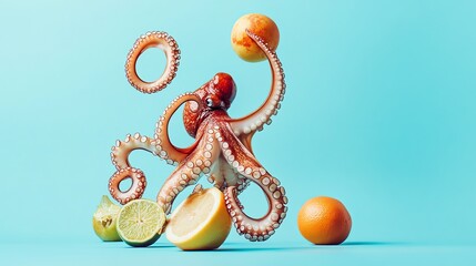 Wall Mural - Octopus playing with fruit on a light blue background.