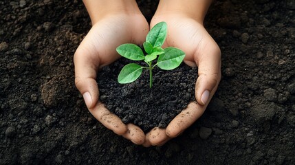 Wall Mural - Close-up of hands holding a small green plant in dirt.