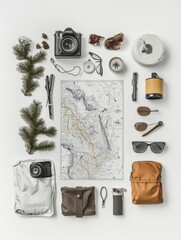 Poster - Accessories for a weekend getaway include a map, compass, camera, sunglasses, and more, arranged on a clean white background for easy planning. Generative AI