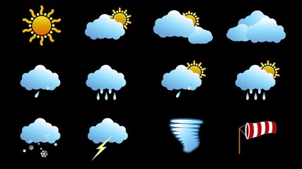 12 weather icons animated loop on transparent background - multicolor version