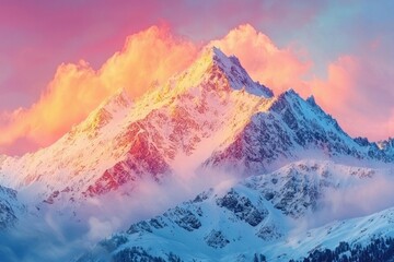 Wall Mural - Beautiful snow covered mountains at sunrise, warm colors