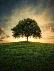 Fototapete - A solitary tree emerges from a green hillside during sunset, casting shadows in a serene landscape filled with warm colors and tranquility. Generative AI