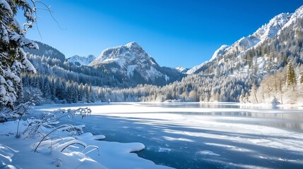 A frozen lake surrounded by snow-covered trees and mountains, with a clear blue winter sky above.