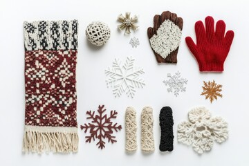 Poster - Winter accessories like gloves and a scarf are arranged elegantly with decorative snowflakes on a white backdrop, leaving space for text. Generative AI