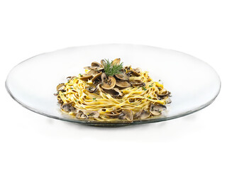 Wall Mural - Winter pasta tagliatelle with wild mushrooms and truffle oil served on a transparent glass plate