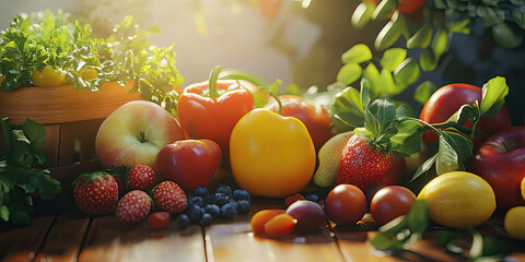 Fresh Vegetables and Fruits Arranged on a Maple Wooden Background, Vibrant Fruits and Vegetables on a Natural Maple Wood Surface