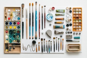 Poster - Brushes, scissors, glue, and small acrylic paints are neatly organized on a white background, offering ample space for text or creative ideas. Generative AI
