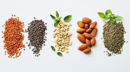 Poster - Organic seeds, nuts, and herbs are displayed on a clean white background, leaving ample space for additional text or graphics. Generative AI