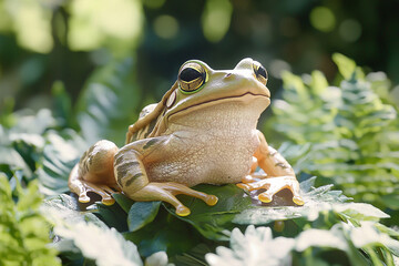 Canvas Print - Frog resting peacefully among lush green foliage in daylight