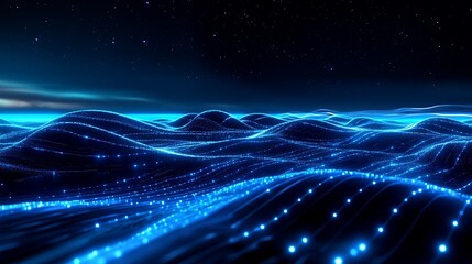 Wall Mural - Abstract Digital Landscape with Glowing Blue Waves and Starry Night Sky for Futuristic Backgrounds