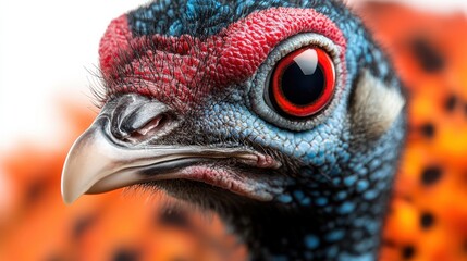 Close-up of colorful bird with bright blue feathers and vibrant red eye, exotic wildlife, detailed avian portrait, nature photography, tropical animal, unique bird species