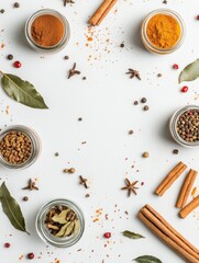 Fototapete - Small jars filled with vibrant spices surround bay leaves and cinnamon sticks, offering an aromatic setting with plenty of space for text. Generative AI