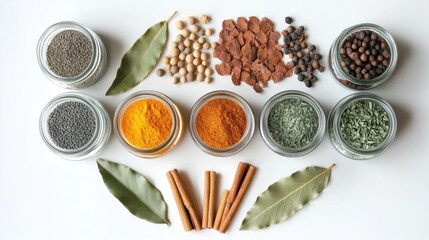 Fototapete - Colorful jars filled with spices accompany bay leaves and cinnamon sticks, arranged artistically on a white backdrop, inviting culinary creativity. Generative AI