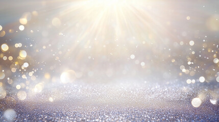 Poster - Dazzling, high-resolution abstract background featuring a mesmerizing blend of silver and gold glitter, bokeh lights, and vibrant hues of white, blue, and gold. Perfect for creating luxurious and fest