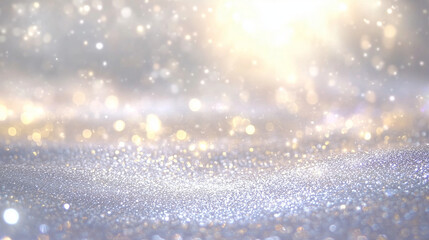 Poster - Dazzling, high-resolution abstract background featuring a mesmerizing blend of silver and gold glitter, bokeh lights, and vibrant hues of white, blue, and gold. Perfect for creating luxurious and fest