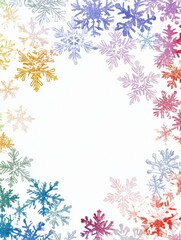 Poster - Colorful snowflakes in a variety of designs and colors frame an empty space, offering a creative canvas for personalized text or messages. Generative AI