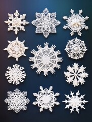 Aufkleber - Delicate paper snowflakes are beautifully arranged, featuring intricate designs on a dark backdrop, providing space for custom text or images. Generative AI