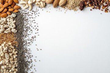 Poster - Collection of organic seeds, nuts, and herbs on a clean white background providing a versatile space for text and creative uses. Generative AI