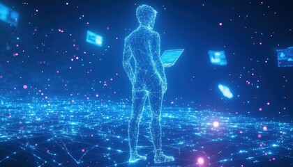 Fototapete - Digital Person Working With A Laptop In A Network
