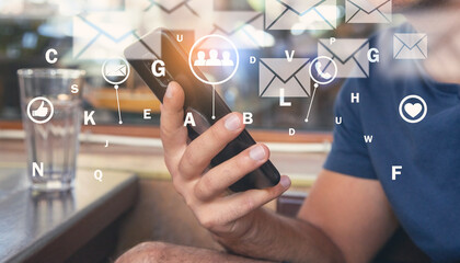 Wall Mural - human using smartphone. communication. e-mail marketing concept
