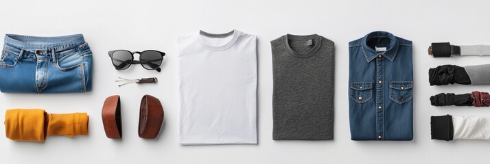 Fototapete - Different styles of clothing such as shirts, pants, and accessories are arranged on a white background with empty space for custom text. Generative AI
