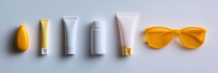 Poster - Bright yellow sunglasses and various sunscreen tubes are arranged on a white background, perfect for summer outdoor activities and skin protection. Generative AI