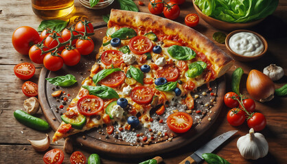 Poster - Fresh pizza slice topped with cherry tomatoes, olives, and basil, surrounded by vibrant vegetables and spices on a wooden table