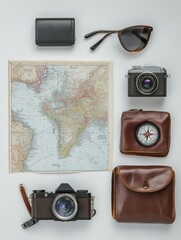 Poster - Exploring the world begins with essential travel items like a map, compass, cameras, and sunglasses, all neatly arranged on a clean surface. Generative AI