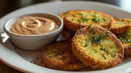 Crispy fried green tomatoes served with creamy dipping sauce, garnished with herbs. delicious Southern dish perfect for appetizers or snacks