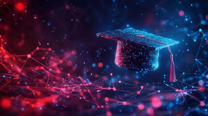 A digital graduation cap floating above an array of interconnected nodes, symbolizing the technology and global reach that power knowledge sharing in education


