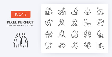 line icons about elderly. contains such icons as nursing home, insurances, medical assistance and mo