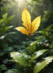 A single golden leaf perched on top of a dense green plant with yellow undertones, plant, flower