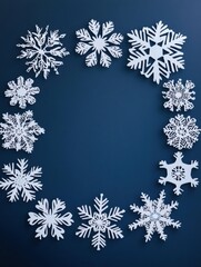 Aufkleber - Handcrafted white paper snowflakes arranged in a circle on a dark blue background, leaving space for customization. Generative AI