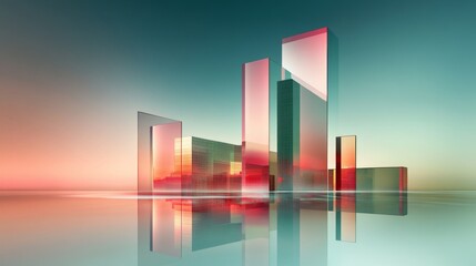 Aufkleber - Abstract Cityscape with Glass Buildings and Vibrant Sunsets
