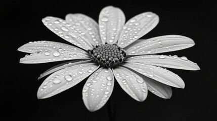 Aufkleber - Black and White Close-Up of Flower with Water Droplets on Petals