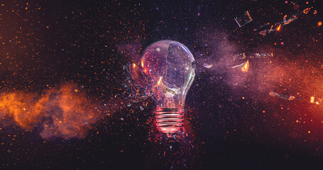 Aufkleber - Glass shards and fire exploding from broken lightbulb