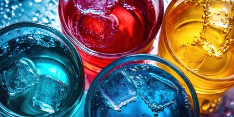 Wall Mural - Three glasses of different colored drinks with ice cubes in them