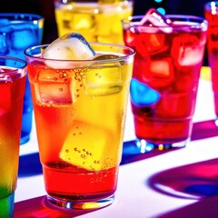 Wall Mural - Row of colorful drinks with ice cubes in them